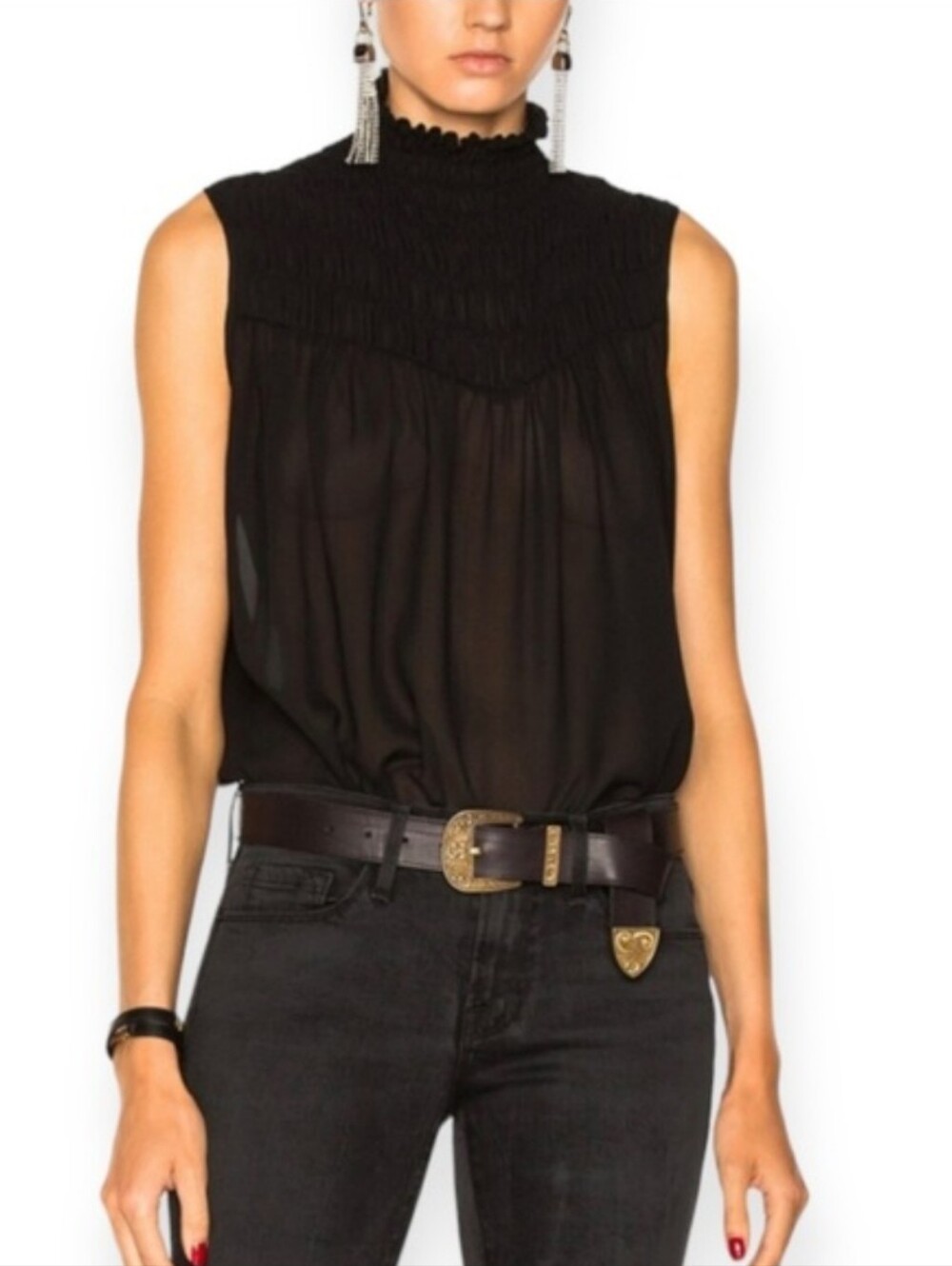 FRAME Black Chiffon Smocked Mock Nwck Sheer Flowy Tank Top Womens M